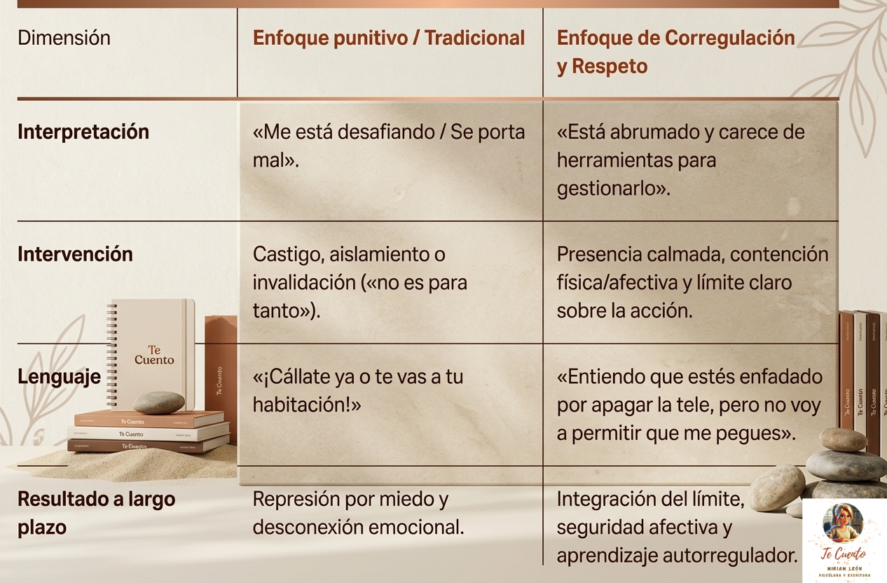 Tabla comparativa entre el enfoque punitivo tradicional y el enfoque de corregulación y respeto en la educación infantil.