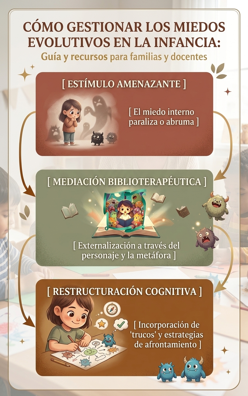 Esquema visual explicativo en tonos tierra sobre el proceso de biblioterapia infantil: desde el estímulo amenazante inicial, pasando por la mediación del cuento, hasta lograr la restructuración cognitiva y adquisición de estrategias de afrontamiento.