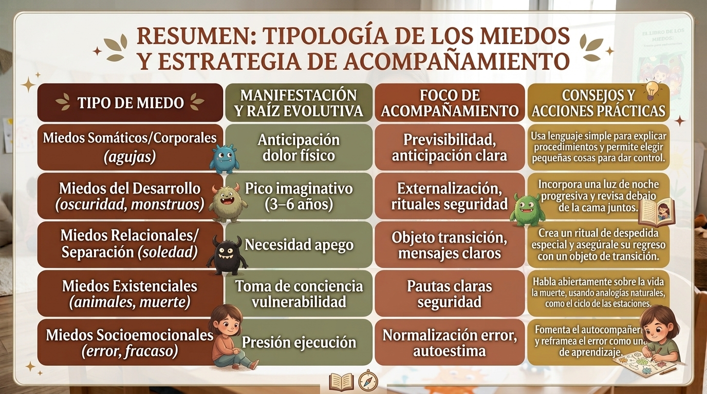 Infografía infantil sobre tipos de miedos y estrategias de acompañamiento, con personajes y consejos prácticos.