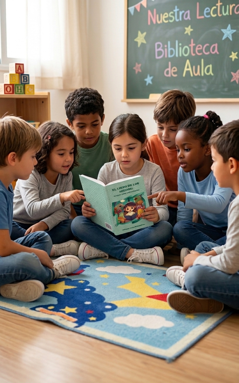 Grupo de niños y niñas de educación primaria sentados en la alfombra de un aula escolar mientras leen juntos el cuento infantil 'El Libro de los Miedos: Trucos para enfrentarlos' de Miriam León Morandeira.