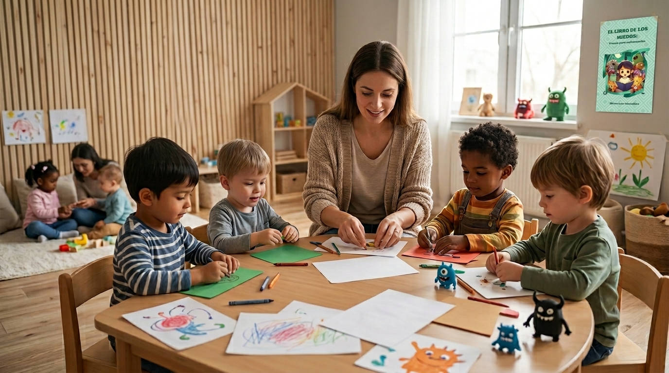 Maestra y niños coloreando y dibujando en una mesa de aula infantil, con juguetes y carteles. Poster Libro de los Miedos: trucos para enfrentarlos